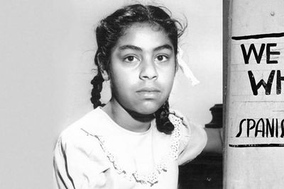 a photo of a young sylvia mendez and a sign that says we serve whites only no spanish or mexicans