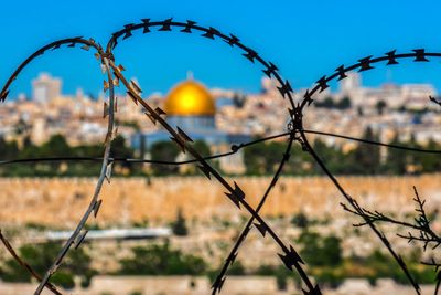 dome of the rock, Jerusalem seen behind barbed wire 