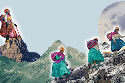 graphic design in collage style of a group of native women climbing mountains