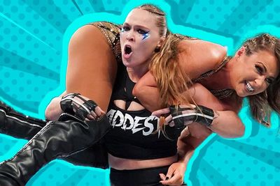 vibrant graphic design featuring two female wrestlers in action