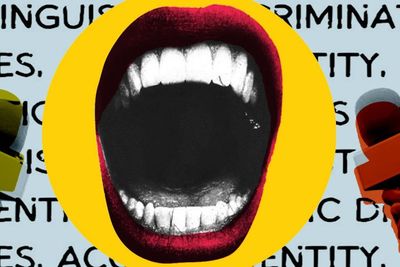 Graphic design in collage style that shows a female mouth speaking into microphones on a background with the words: linguistic discrimination, stereotypes, accent, identity