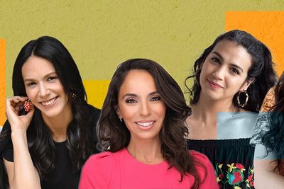 a collage showing photos of nutritionists and health experts christy wilson, hortencia jimenez, krystle zuñiga, nicole rodriguez, krista linares and gladys saucedo over a yellow and orange background