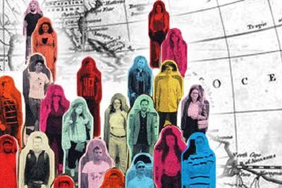 Graphic design featuring people on a map of the American continent, symbolizing the diverse migrant population.