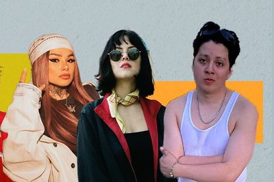 a collage featuring spanglish singers kali uchis, ambar lucid, cuco, snow tha product, maria zardoya and boy pablo