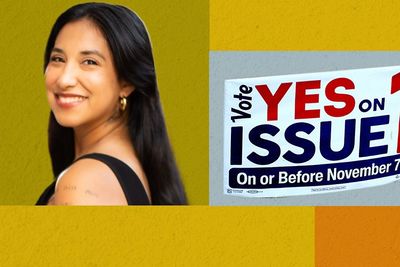Uvalde mayoral candidate headshot, a campaign sign that says Vote Yes on Issue 1 and the outline of the state of virginia