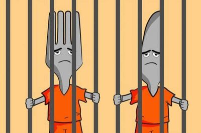 Graphic of a fork and knife in jail.