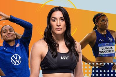 graphic showcasing 5 exceptional Latina athletes excelling in their sports: Tatiana Suarez (MMA), Catarina Macario (soccer), Gianna Woodruff (track and field), Diana Taurasi (basketball), and Jasmine Camacho-Quinn (hurdling).