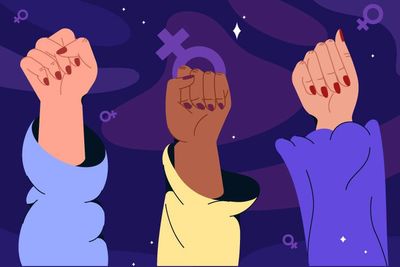 illustration of a group of women's fists raised in the air that refers to the feminist movement