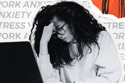 graphic design of a woman in front of her laptop with a tired expression. In the background it reads anxiety, work, stress