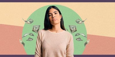 Woman with dollar bills surrounding her in a graphic.