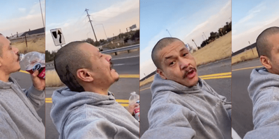 different stills of a man taking a selfie next to a street