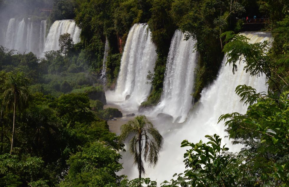 Aerial view of the waterfalls and rainforest of Iguazu Falls