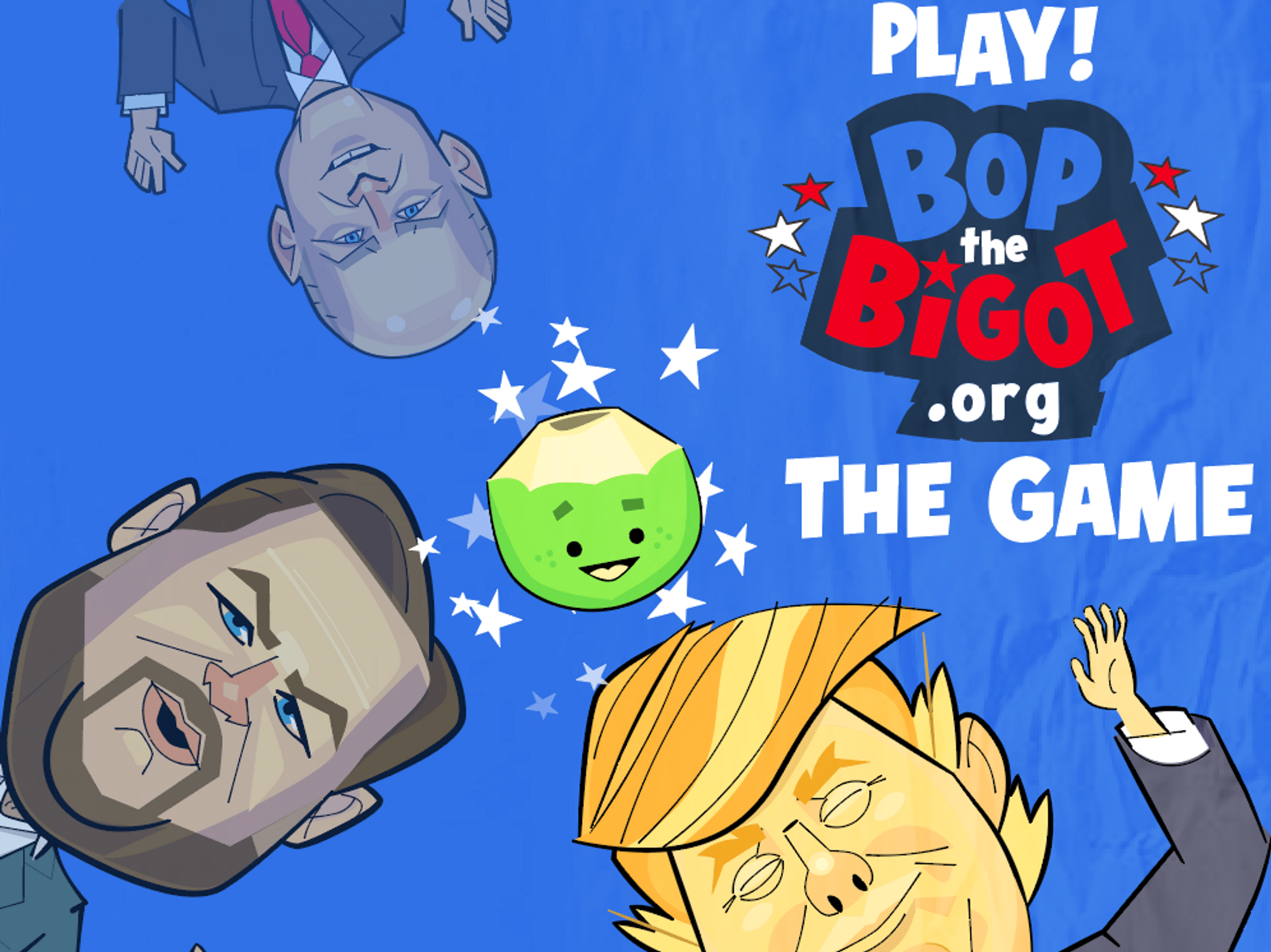 cartoon renditions of Donald Trump and J.D. Vance around a Bop the Bigot logo